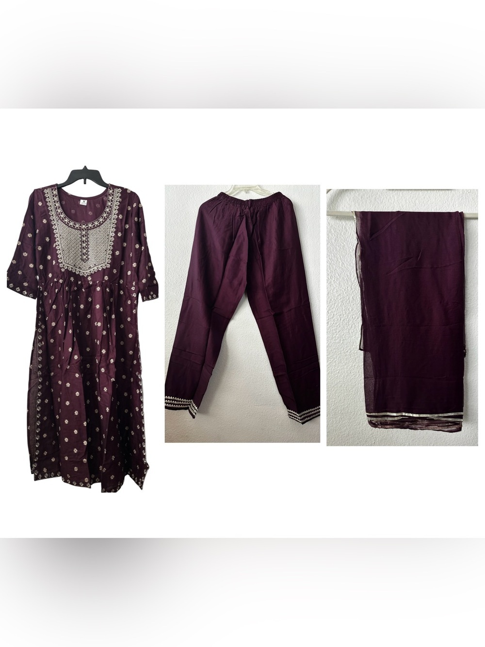 Indian Women 3Pc Plum Cotton Sari Set Dress Pants Scarf 3/4 Sleeves Med